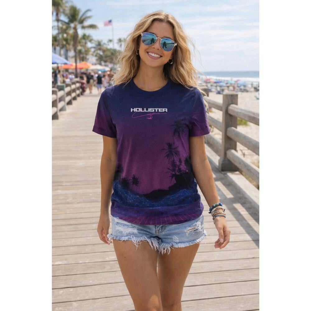 Hollister Spellout‎ T Shirt XS Blue Purple Sunset Short Sleeve Palm Trees Beach